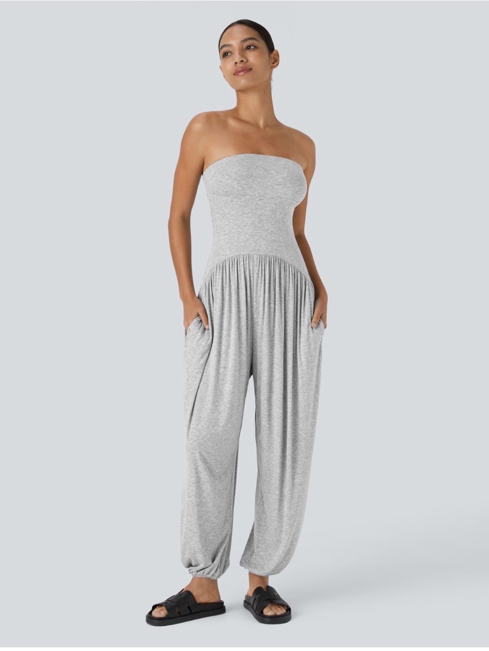 HALARA Light Grey Strapless Knit Jumpsuit with Pockets